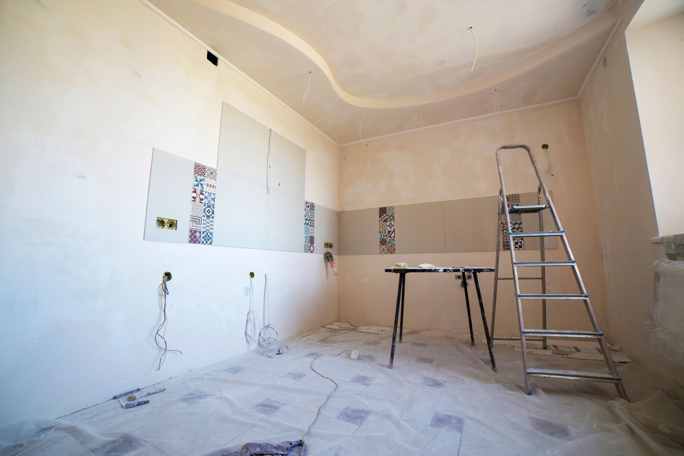 Room mid-prep with patched walls, drop cloths and a ladder
